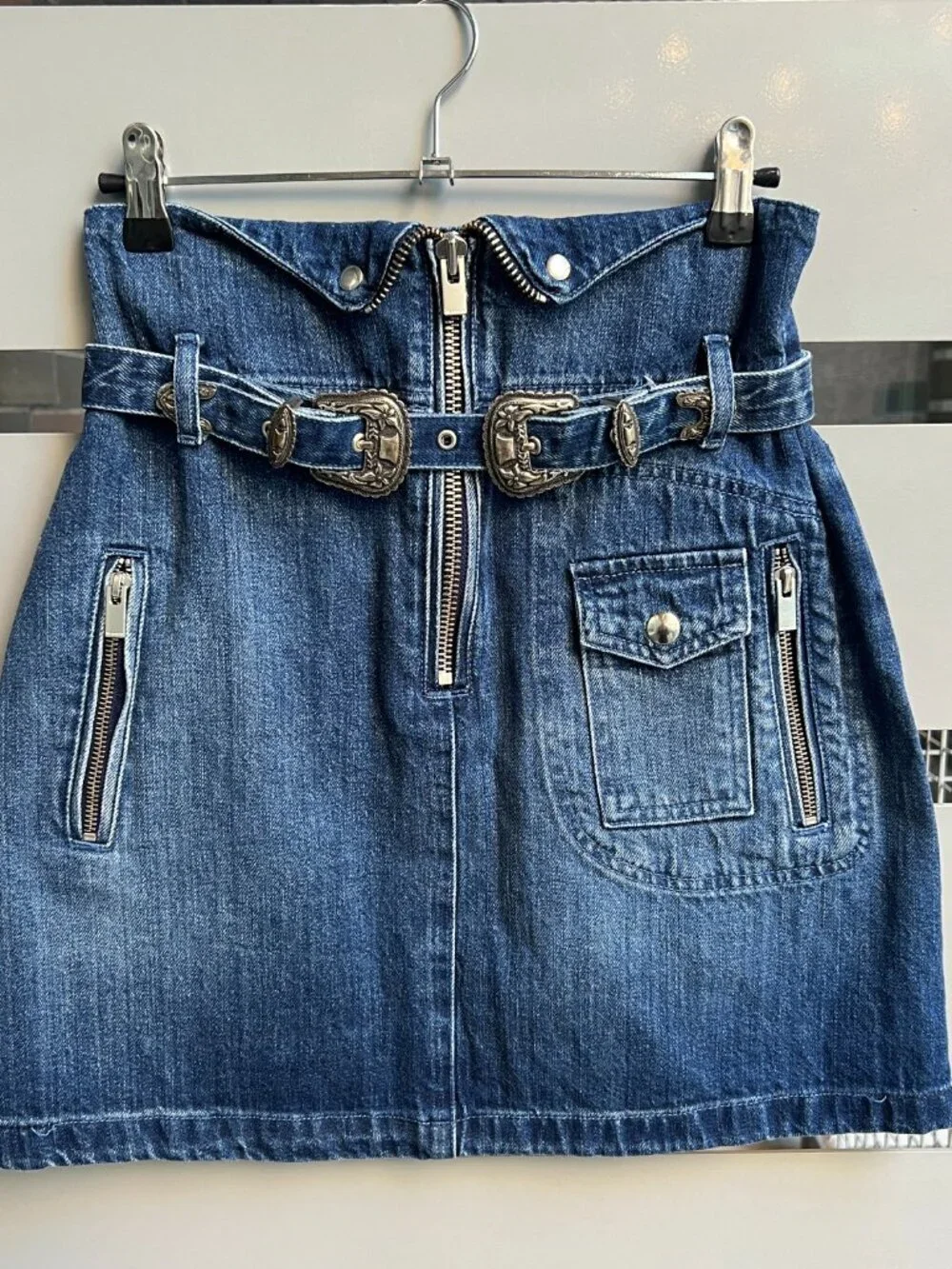 The Kooples Western Double Buckle Denim Mini Skirt Size S